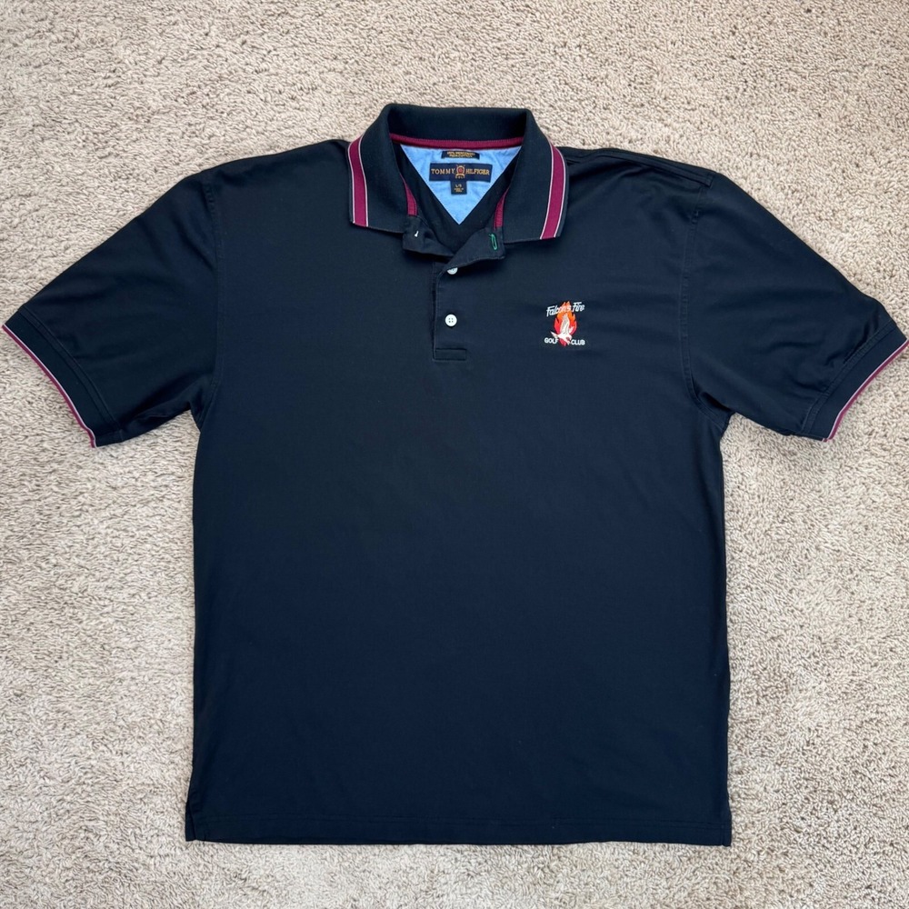 Tommy Hilfiger Golf Polo Shirt Mens L Black Pima Cotton Falcon's Fire Club Logo